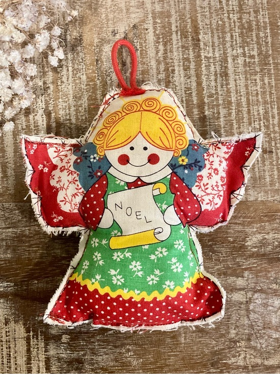 Vintage Other - Vintage Holiday Angel Fabric Ornament - Red & Green 1980s Handmade Noel